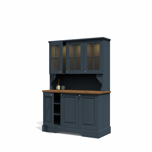 Display cabinet with a worktop and two adjustable shelves