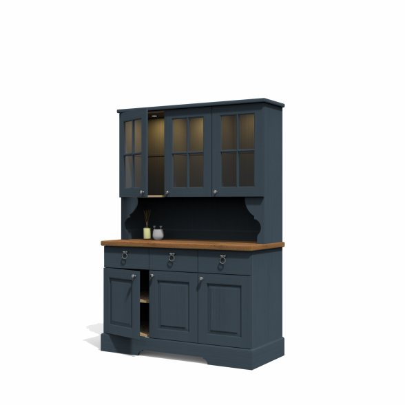 Display cabinet with a worktop, drawers and an adjustable shelf